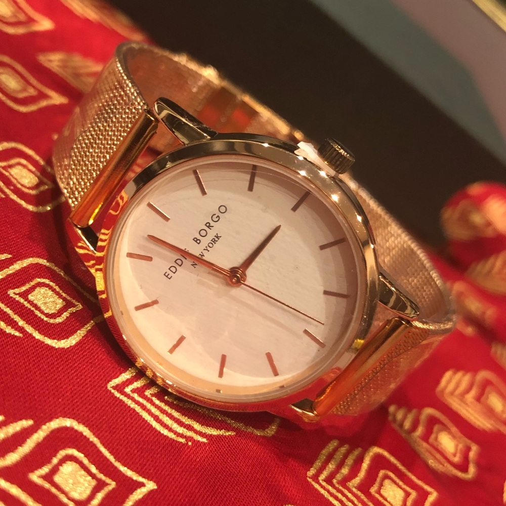 Eddie Borgo SOHO rose gold toned mesh strap watch.